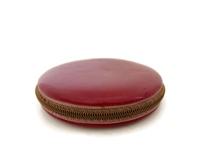 Midcentury Red Leather Zippered Mirrored Compact at Duckwells