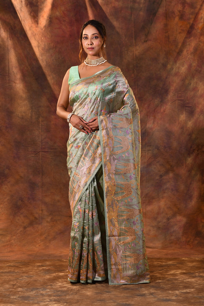 Middle Green Embroidered Tissue Silk Saree