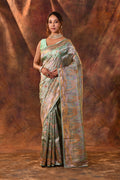 Middle Green Embroidered Tissue Silk Saree