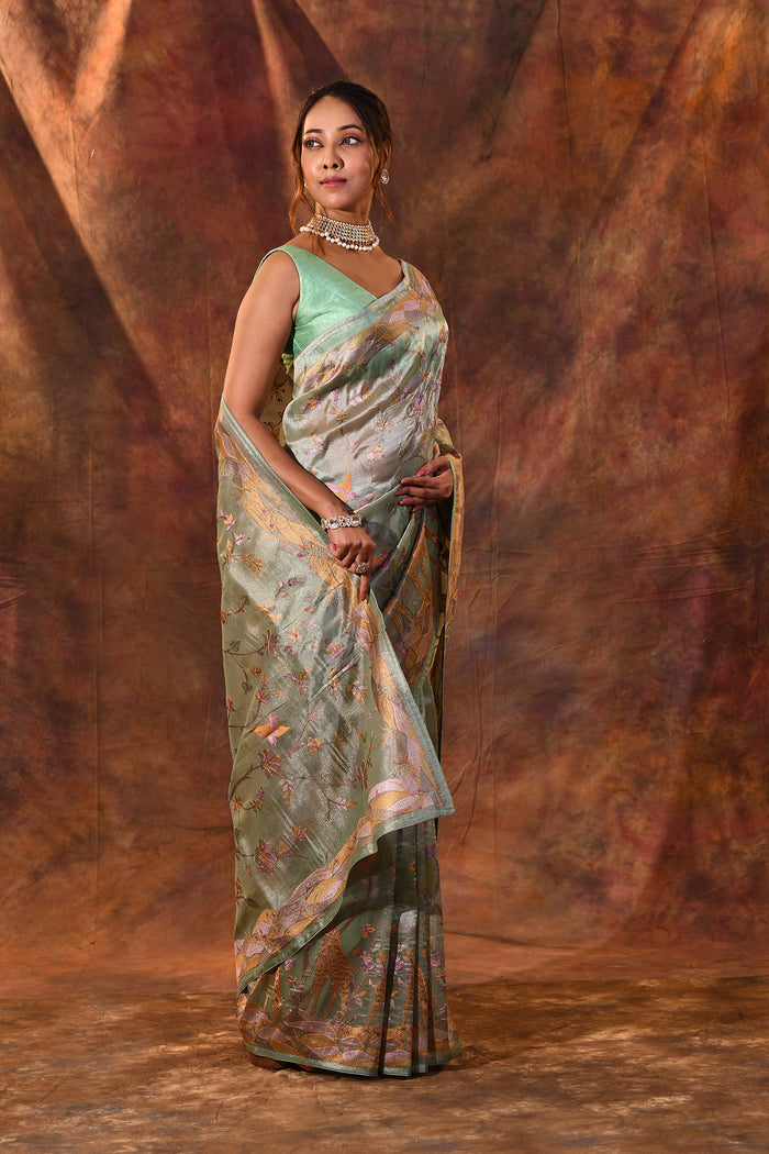 Middle Green Embroidered Tissue Silk Saree