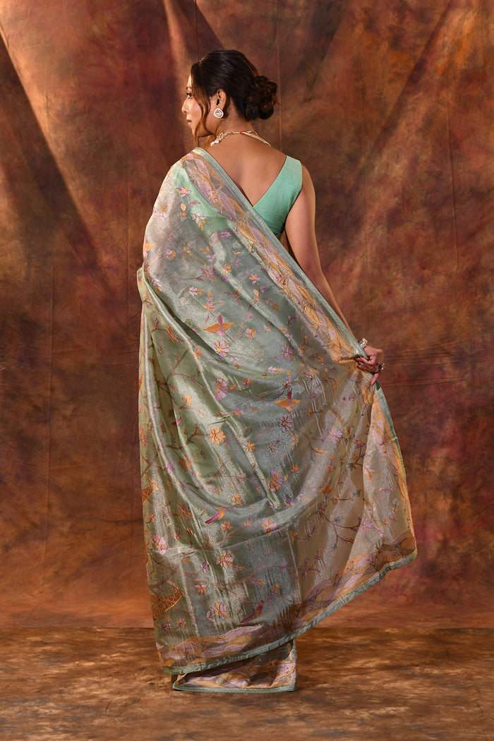 Middle Green Embroidered Tissue Silk Saree