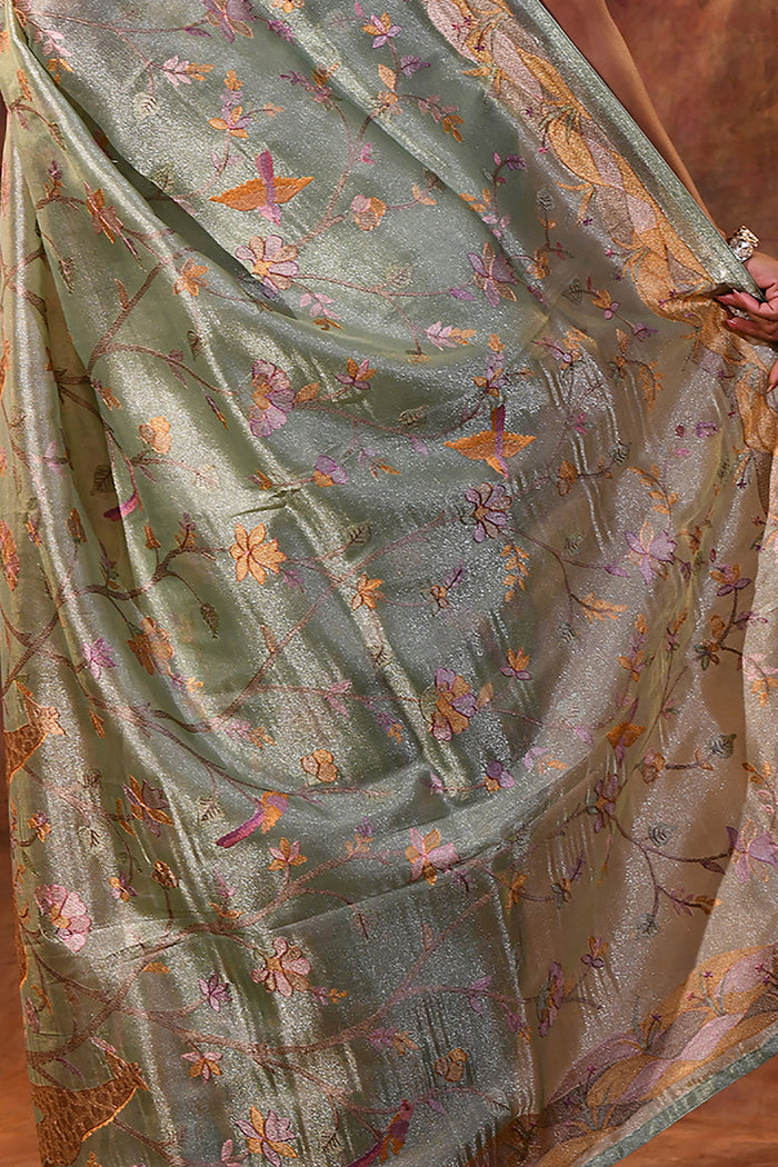 Middle Green Embroidered Tissue Silk Saree