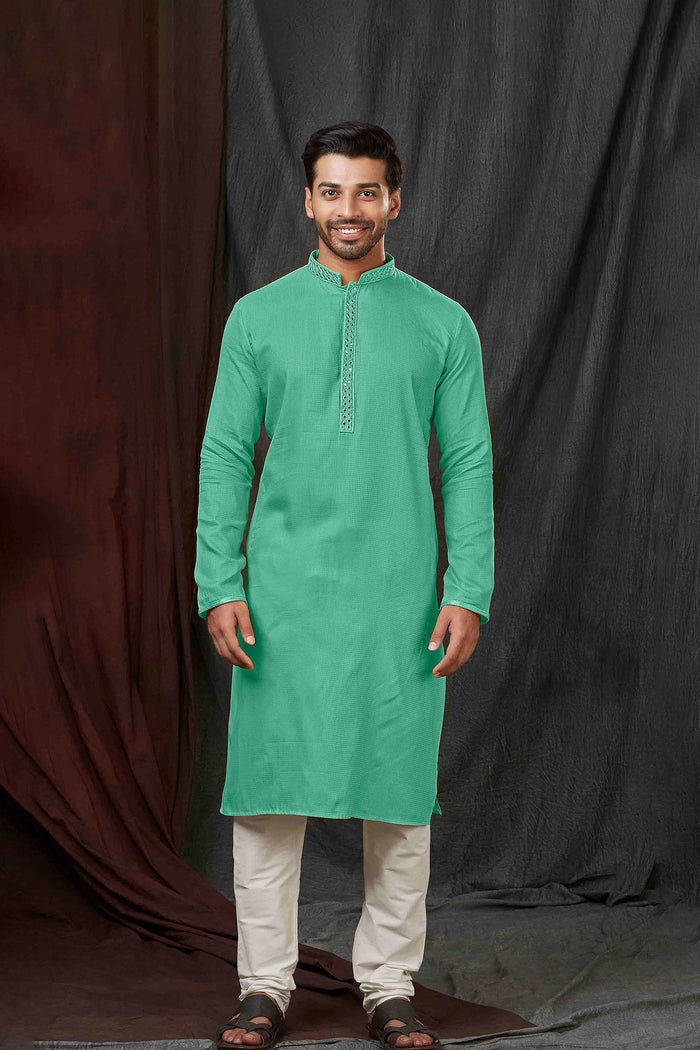 Middle Spring Green Silk Kurta Silk With Shisha Work