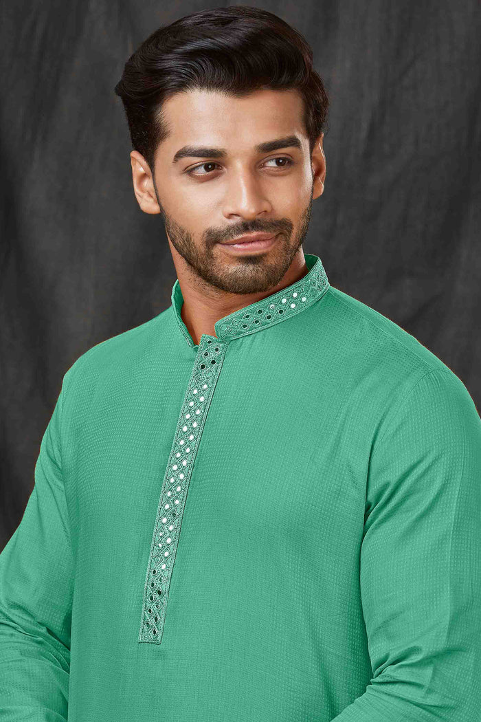 Middle Spring Green Silk Kurta Silk With Shisha Work