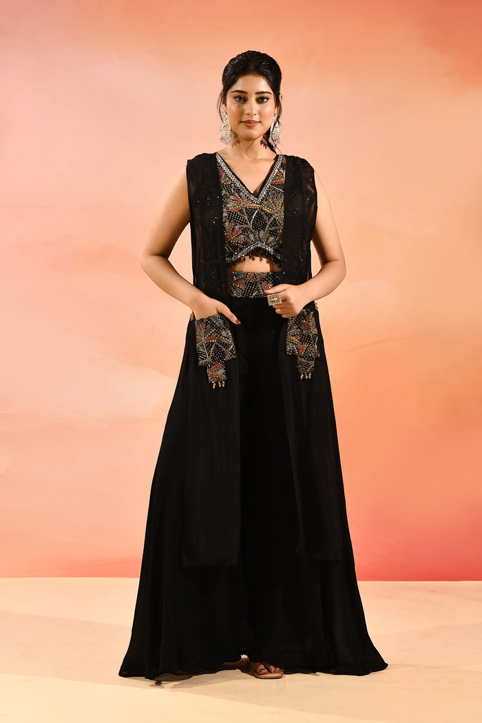 Midnight Black Geometric Embroidery Long Jacket