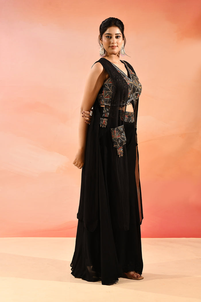 Midnight Black Geometric Embroidery Long Jacket