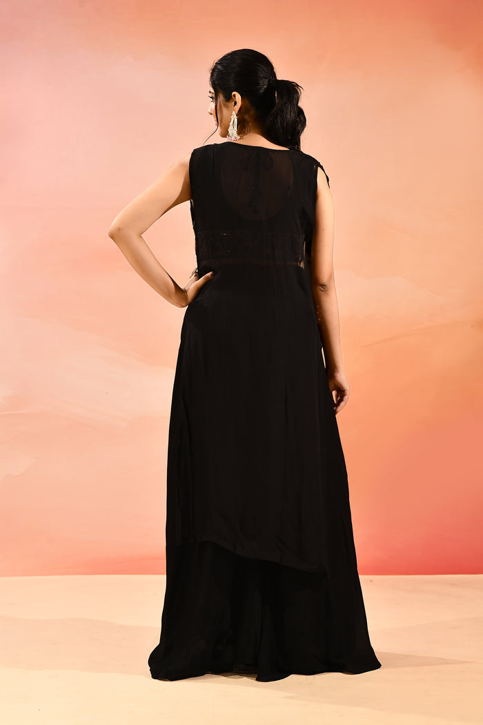 Midnight Black Geometric Embroidery Long Jacket