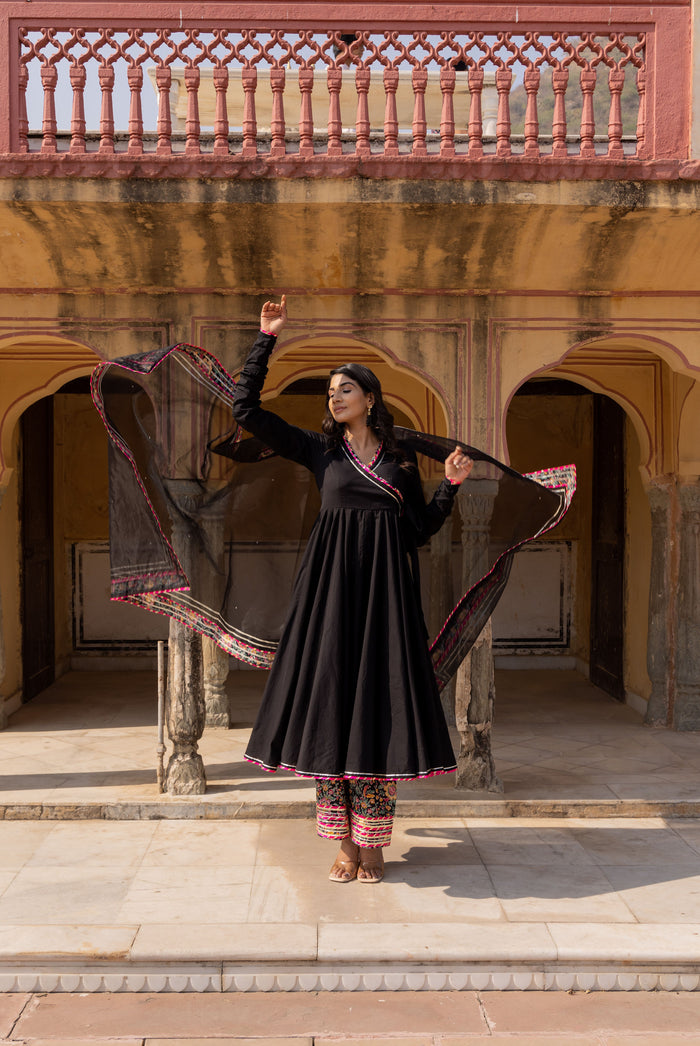 Midnight Black Ikat Border Anarkali Set