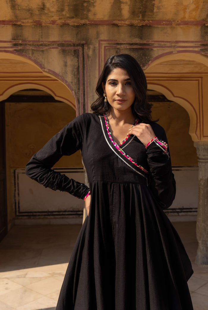 Midnight Black Ikat Border Anarkali Set