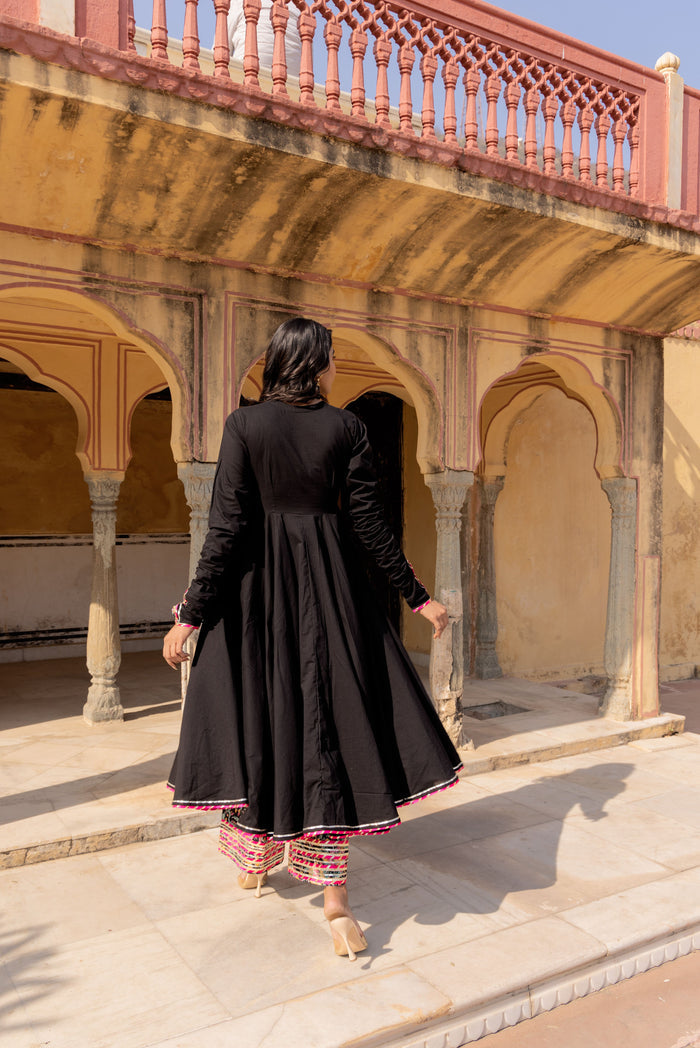 Midnight Black Ikat Border Anarkali Set