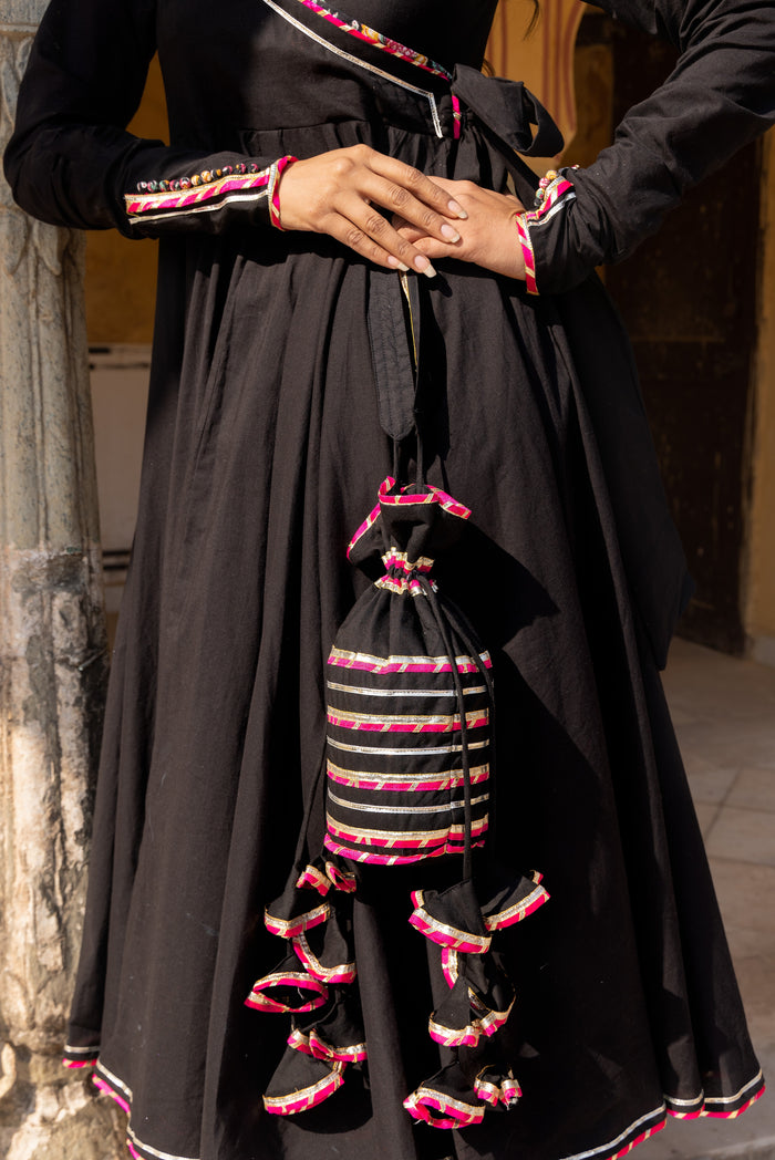 Midnight Black Ikat Border Anarkali Set
