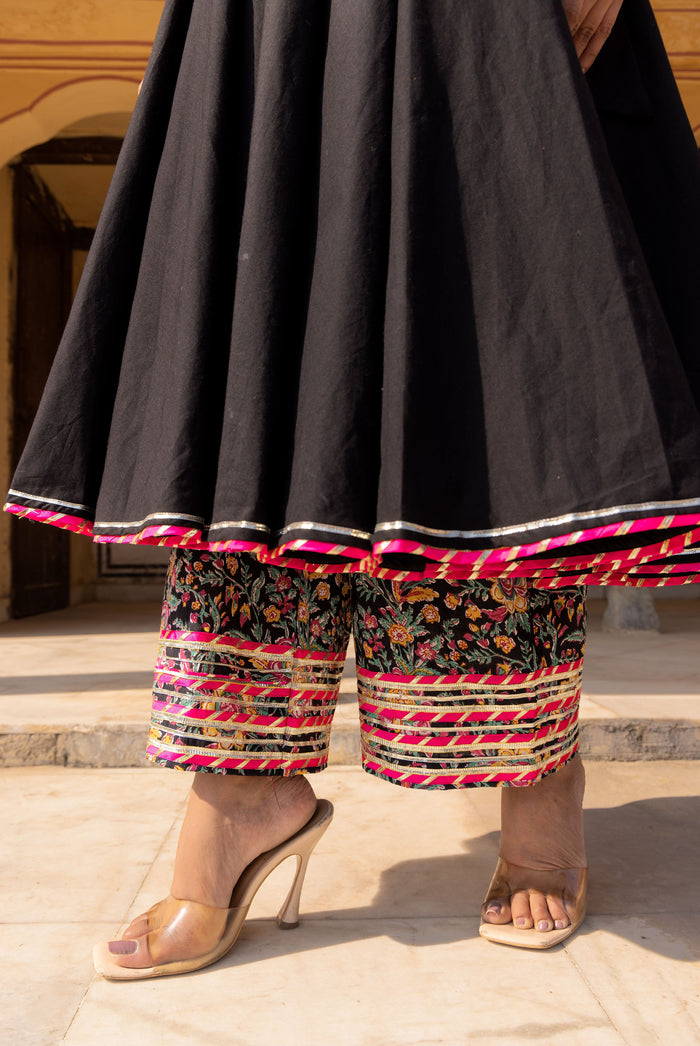 Midnight Black Ikat Border Anarkali Set