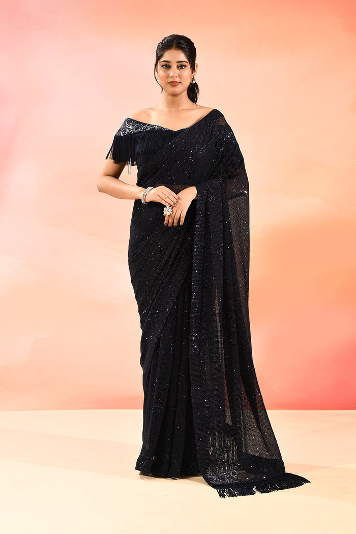 Midnight Black Metallic Shimmer Net Saree With Elegant Beaded Tassels