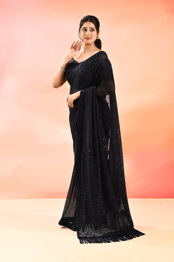 Midnight Black Metallic Shimmer Net Saree With Elegant Beaded Tassels