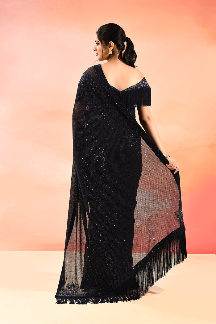 Midnight Black Metallic Shimmer Net Saree With Elegant Beaded Tassels
