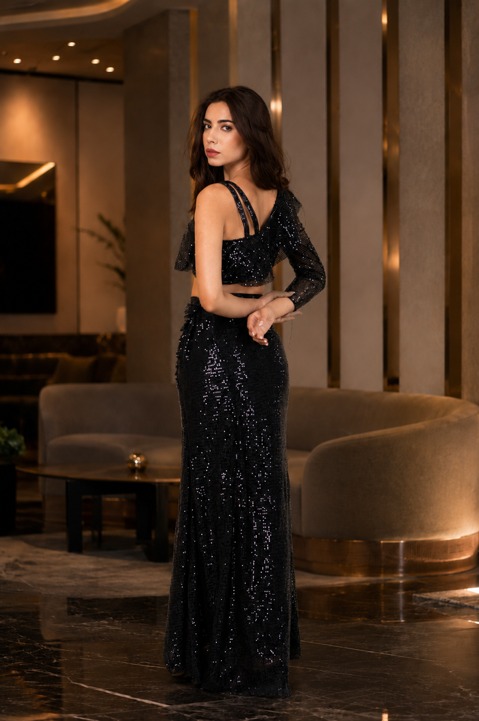 Midnight Black Net Sequin Co-Ord Set