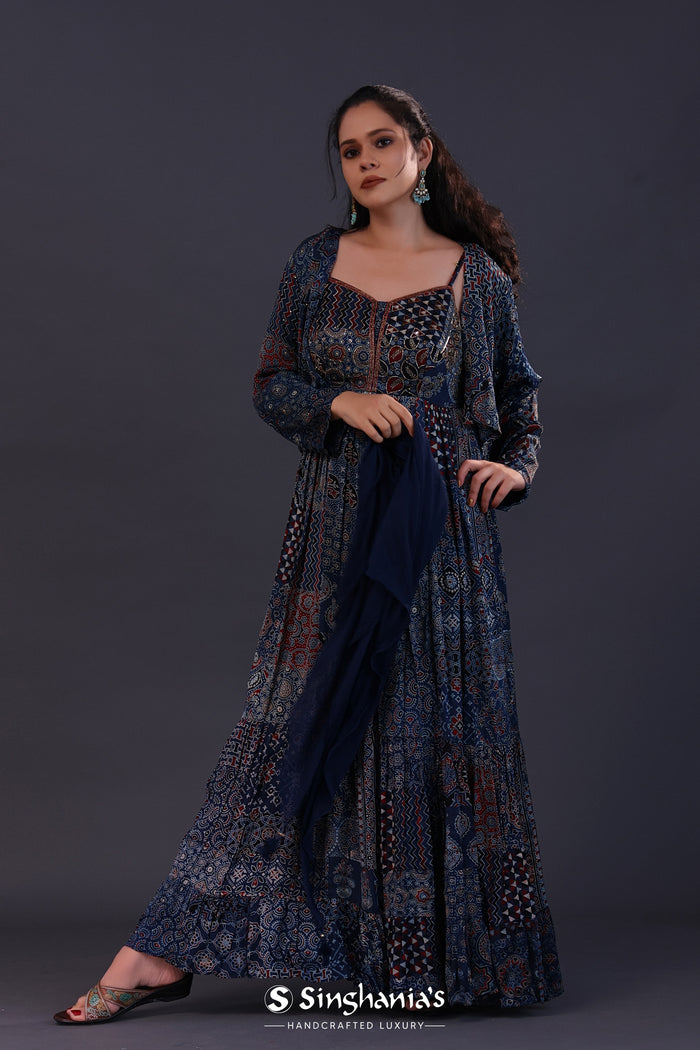 <img> Midnight Blue Cotton Crepe Printed Anarkali Set