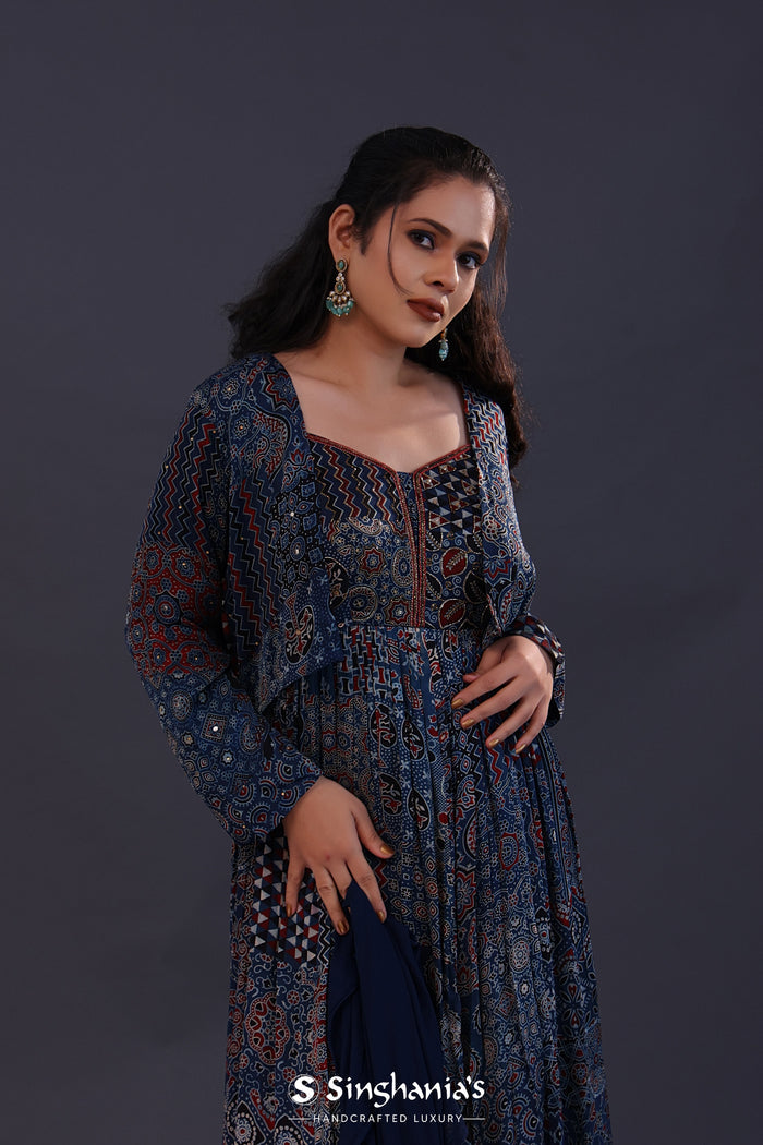 <img> Midnight Blue Cotton Crepe Printed Anarkali Set