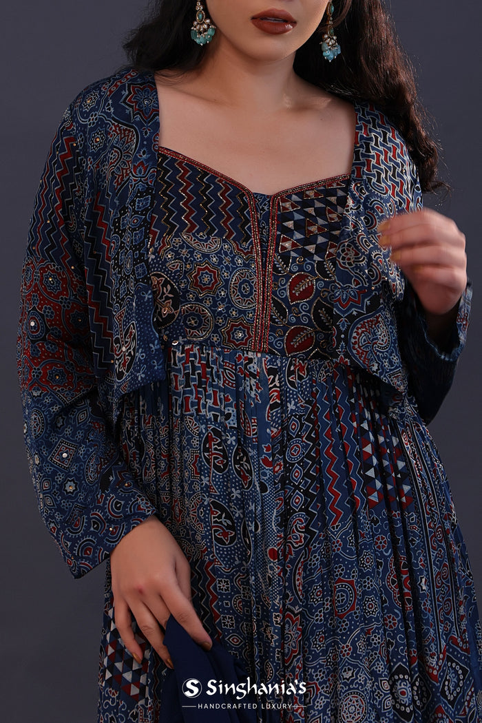 <img> Midnight Blue Cotton Crepe Printed Anarkali Set
