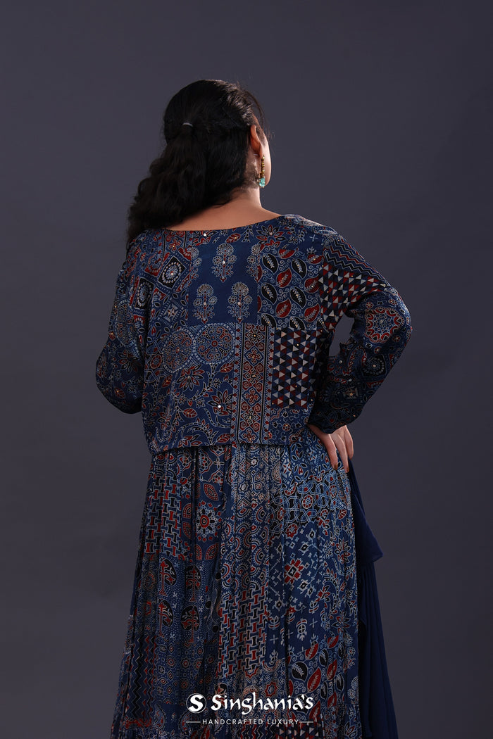 <img> Midnight Blue Cotton Crepe Printed Anarkali Set