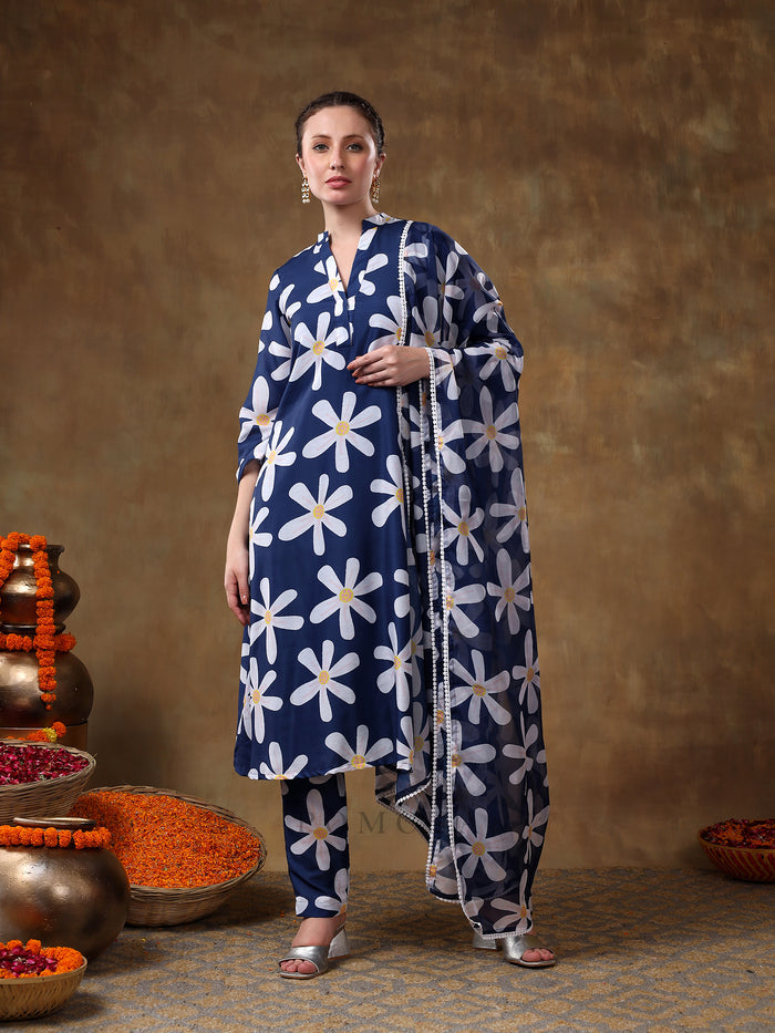 Midnight Blue Daisy Printed Georgette Salwar Set With Delicate Pearl Lace