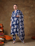 Midnight Blue Daisy Printed Georgette Salwar Set With Delicate Pearl Lace