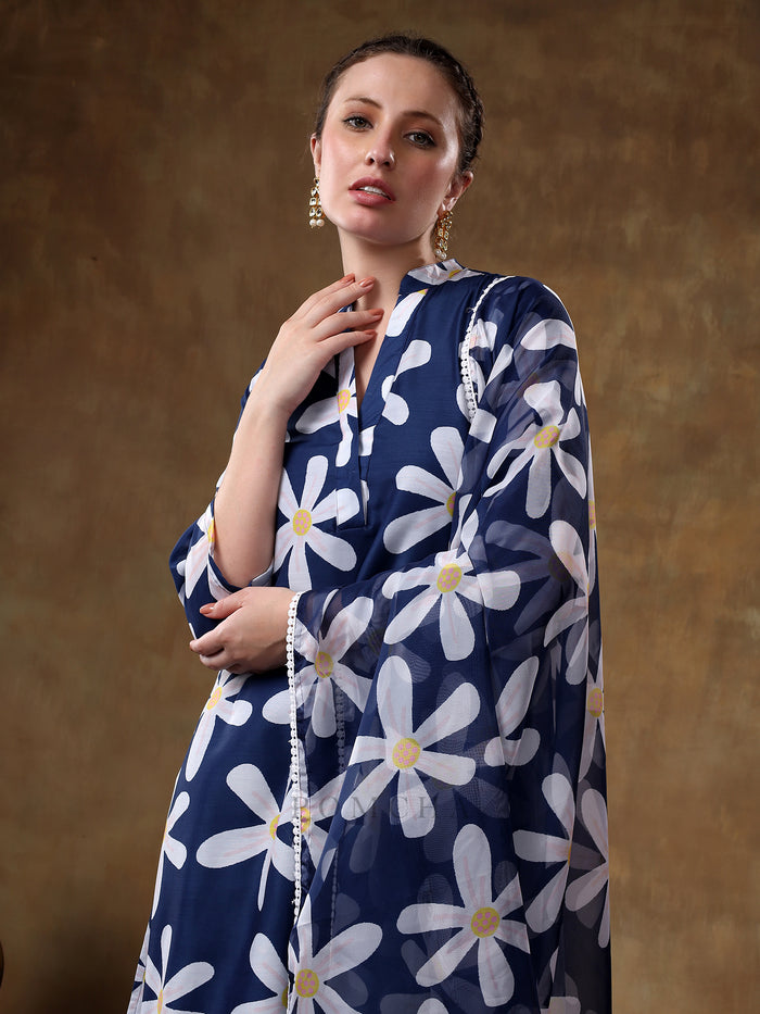 Midnight Blue Daisy Printed Georgette Salwar Set With Delicate Pearl Lace