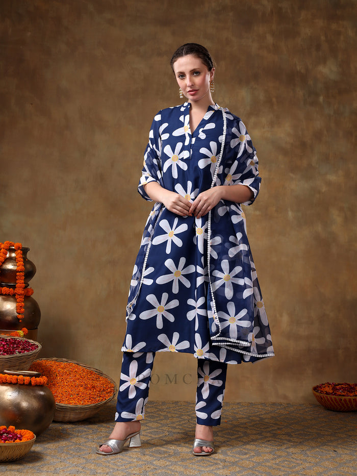 Midnight Blue Daisy Printed Georgette Salwar Set With Delicate Pearl Lace