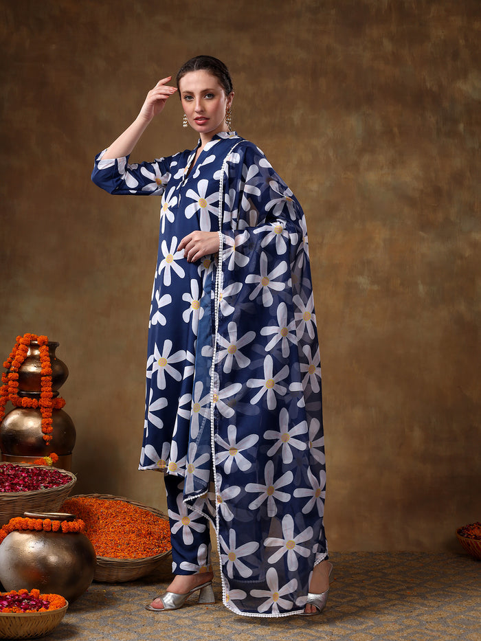 Midnight Blue Daisy Printed Georgette Salwar Set With Delicate Pearl Lace