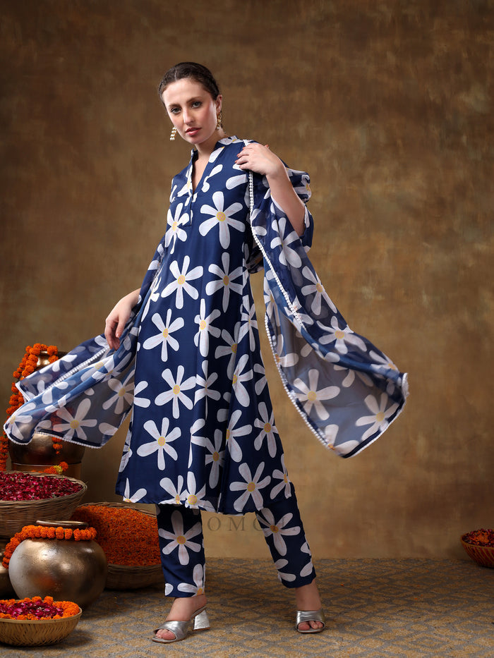 Midnight Blue Daisy Printed Georgette Salwar Set With Delicate Pearl Lace