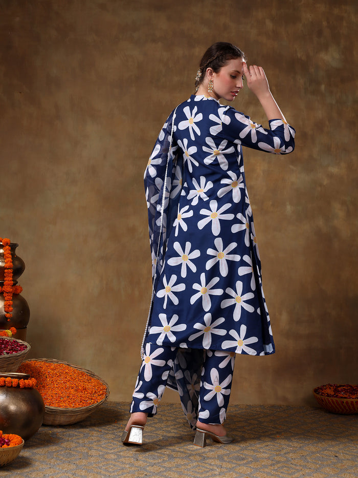 Midnight Blue Daisy Printed Georgette Salwar Set With Delicate Pearl Lace