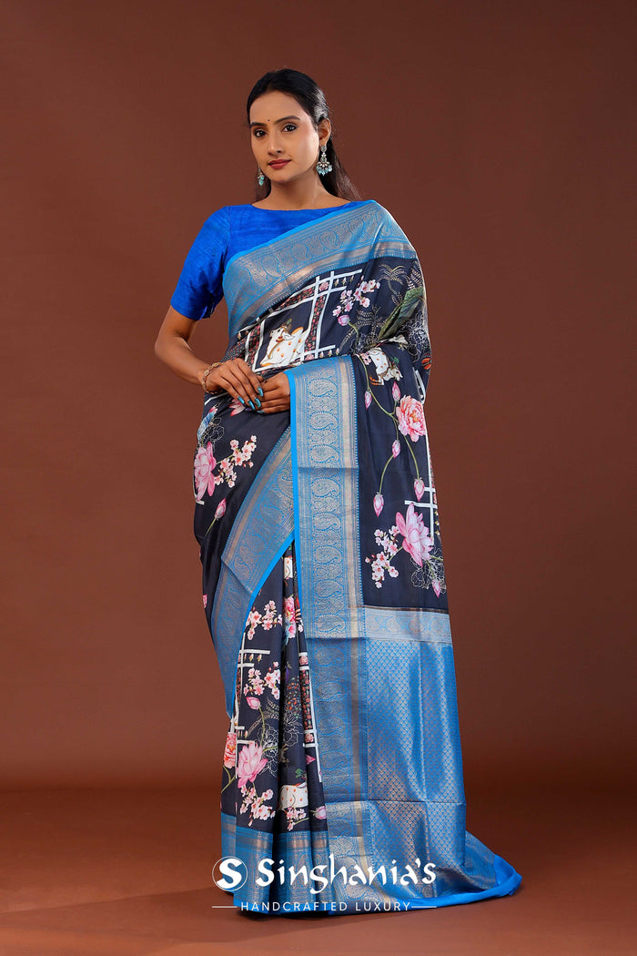 <img> Midnight Blue Digital Printed Kanjivaram Saree