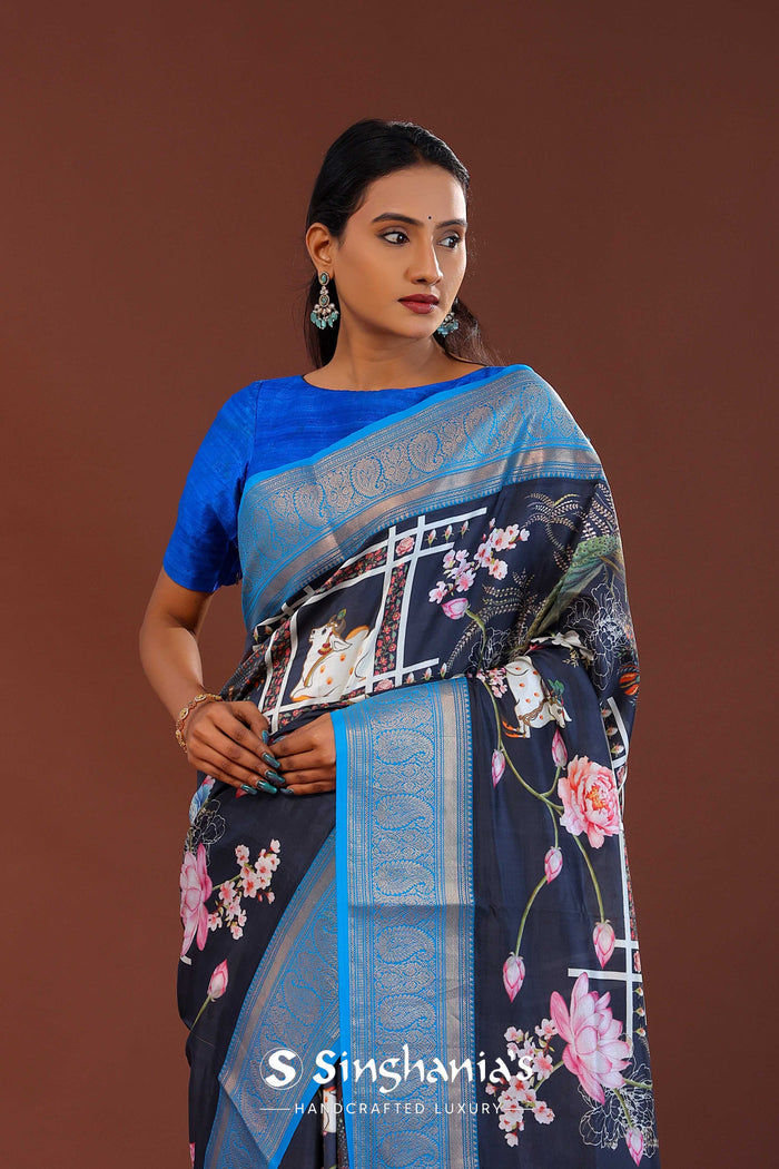 <img> Midnight Blue Digital Printed Kanjivaram Saree