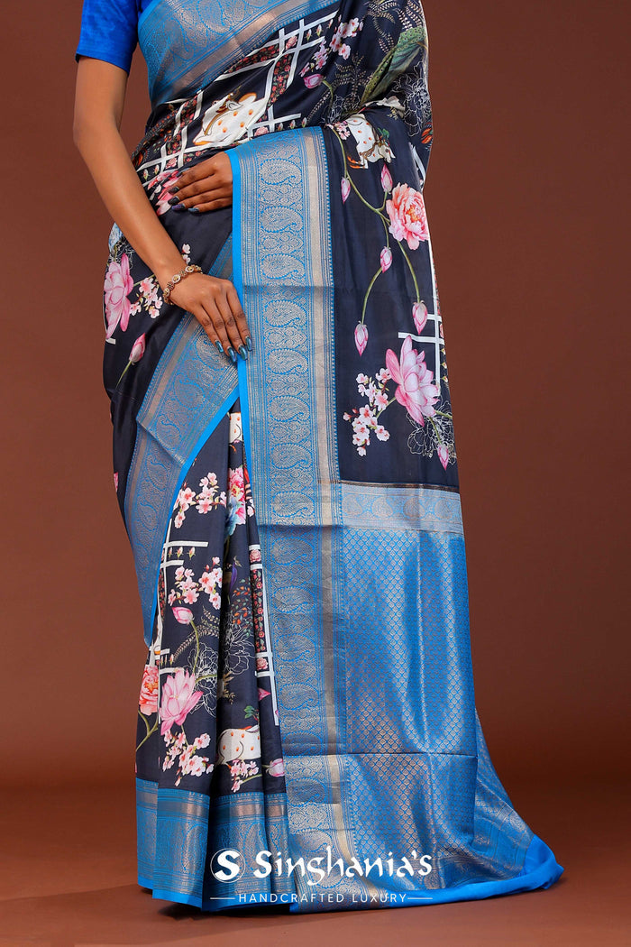 <img> Midnight Blue Digital Printed Kanjivaram Saree