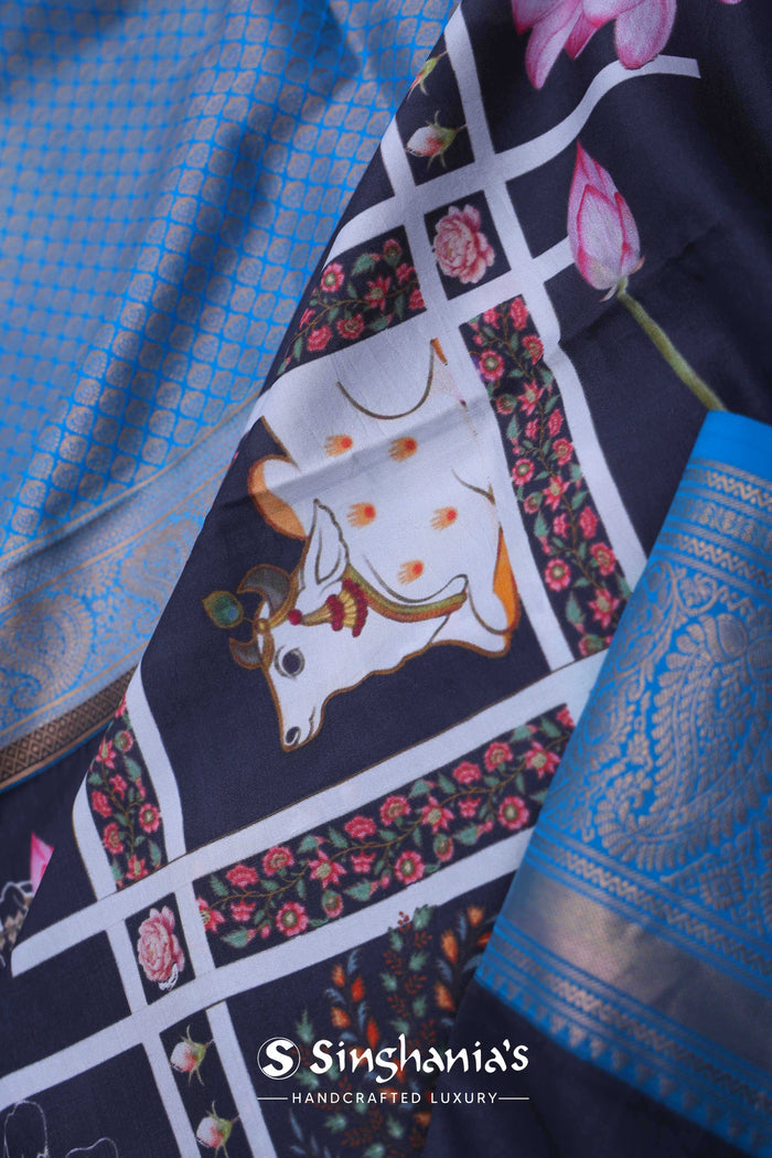 <img> Midnight Blue Digital Printed Kanjivaram Saree