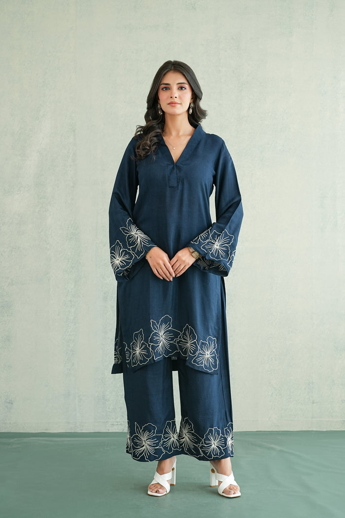 Midnight Blue Floral Border Kurti
