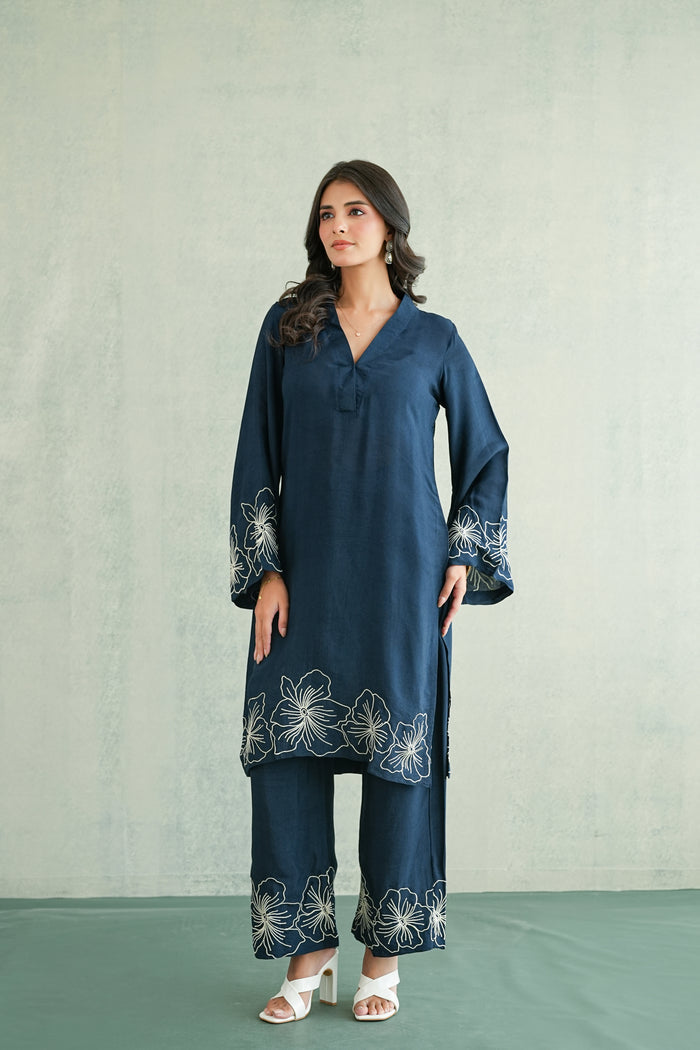 Midnight Blue Floral Border Kurti