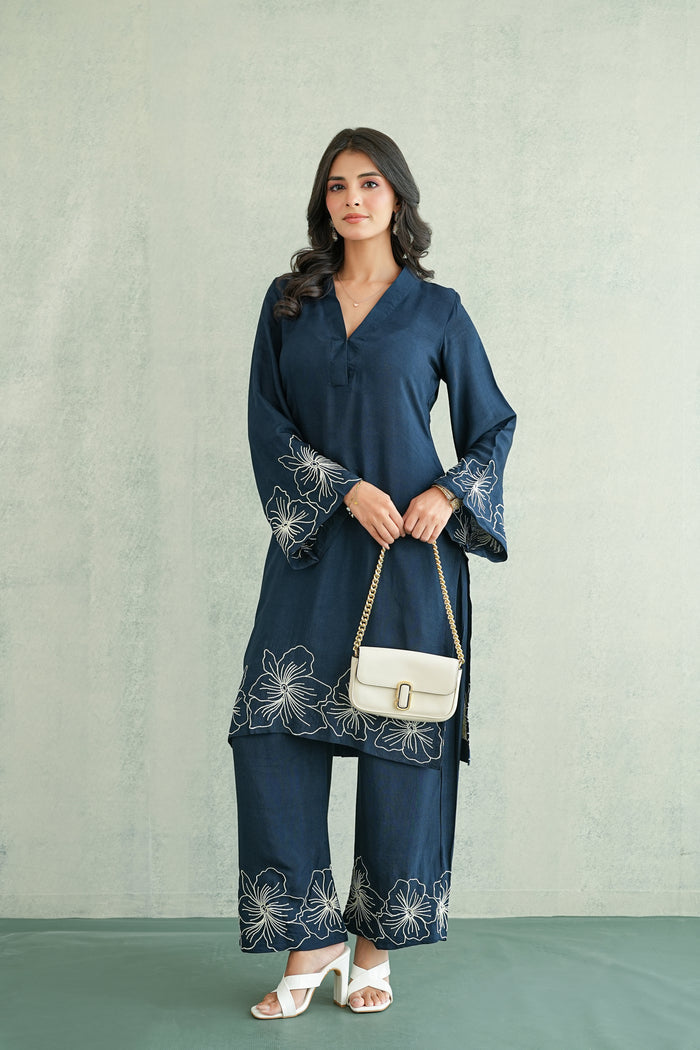 Midnight Blue Floral Border Kurti