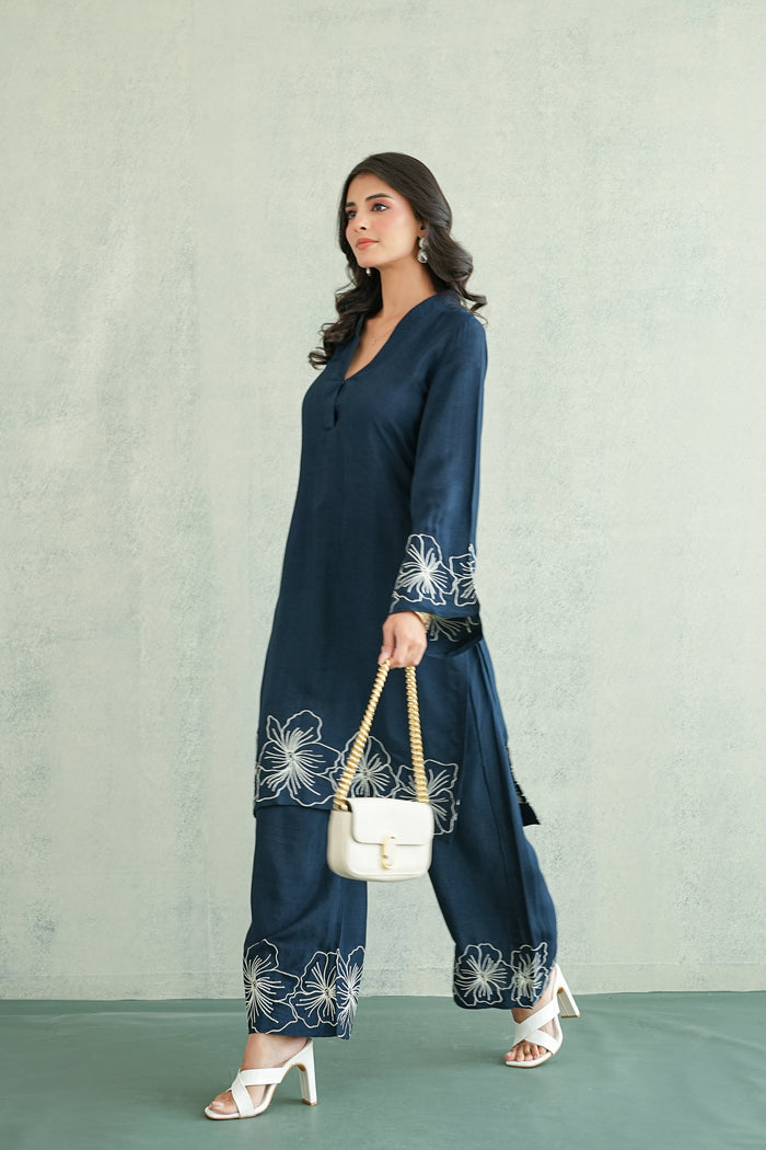 Midnight Blue Floral Border Kurti