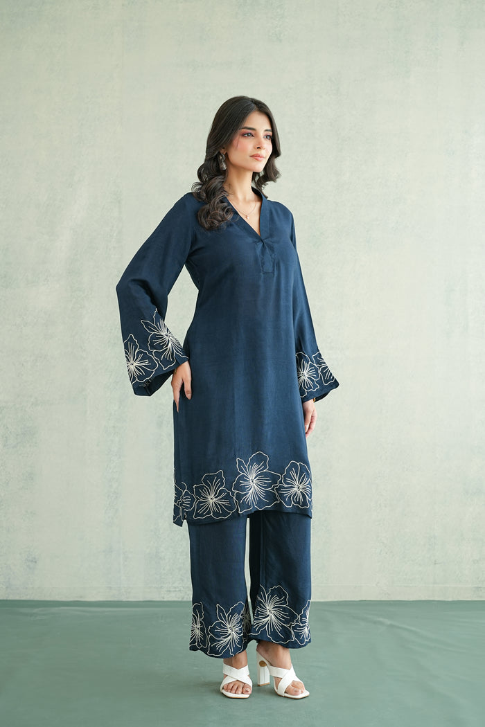Midnight Blue Floral Border Kurti