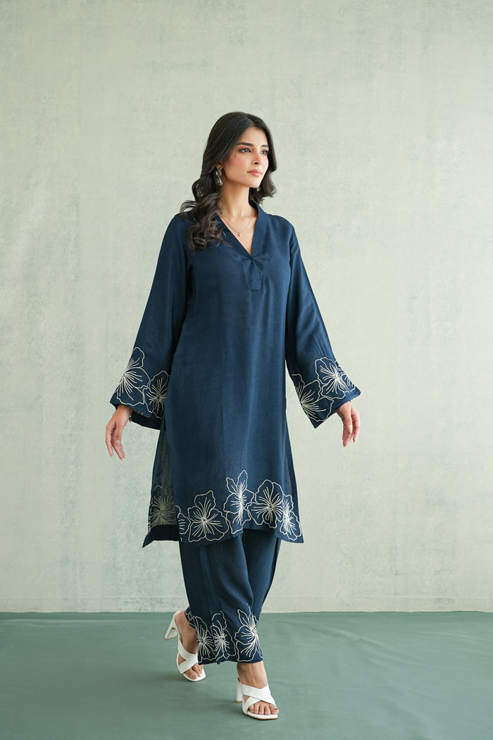 Midnight Blue Floral Border Kurti