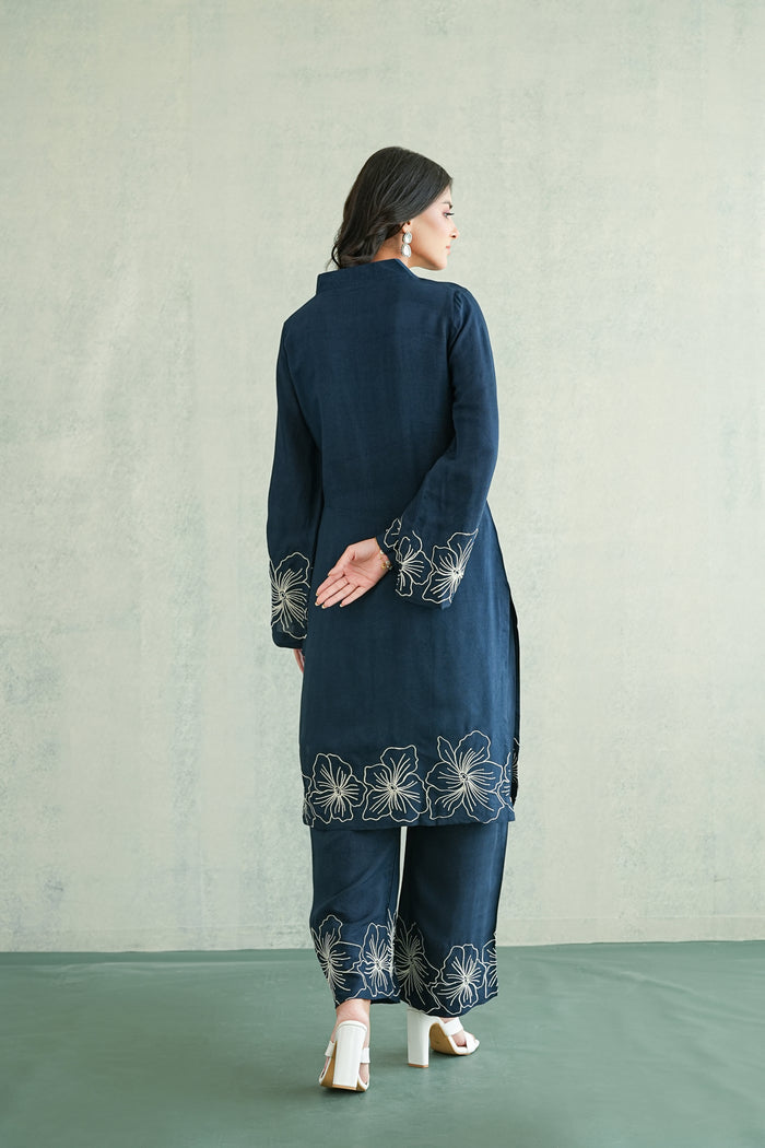 Midnight Blue Floral Border Kurti