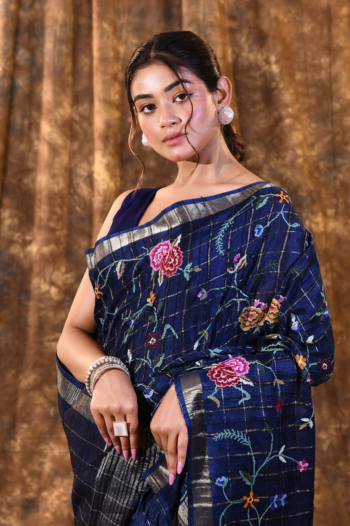 Midnight Blue Floral Silk Blend Saree