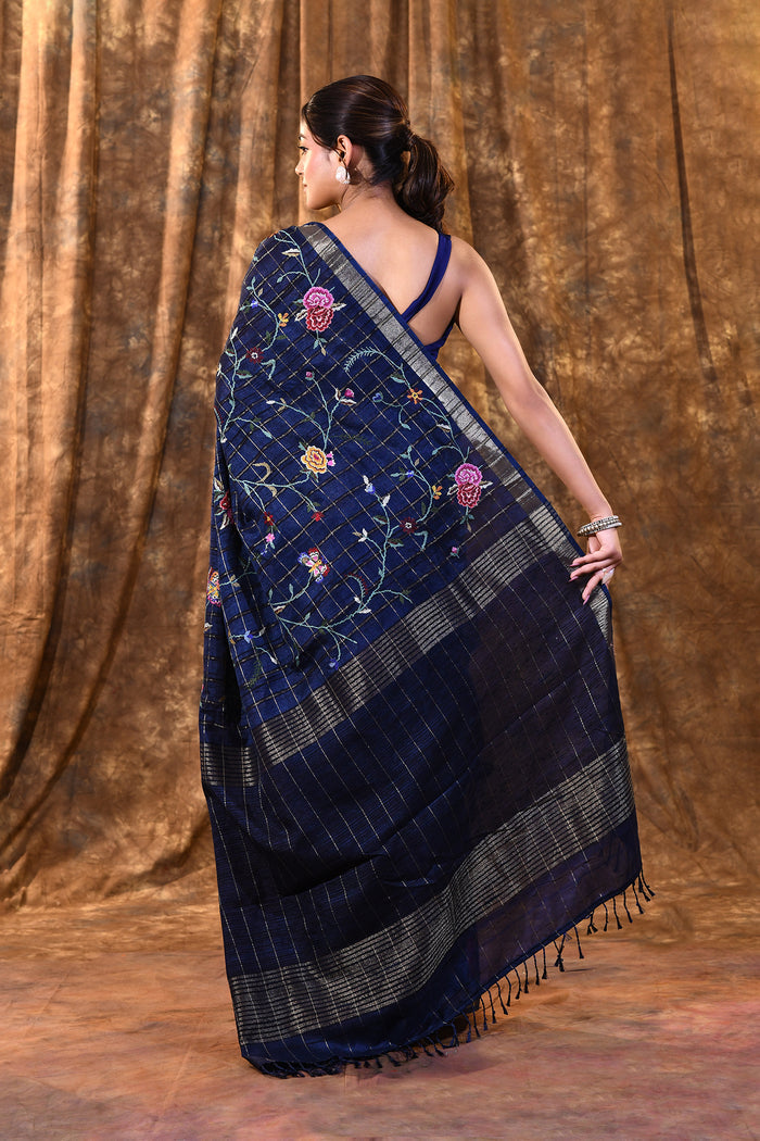 Midnight Blue Floral Silk Blend Saree
