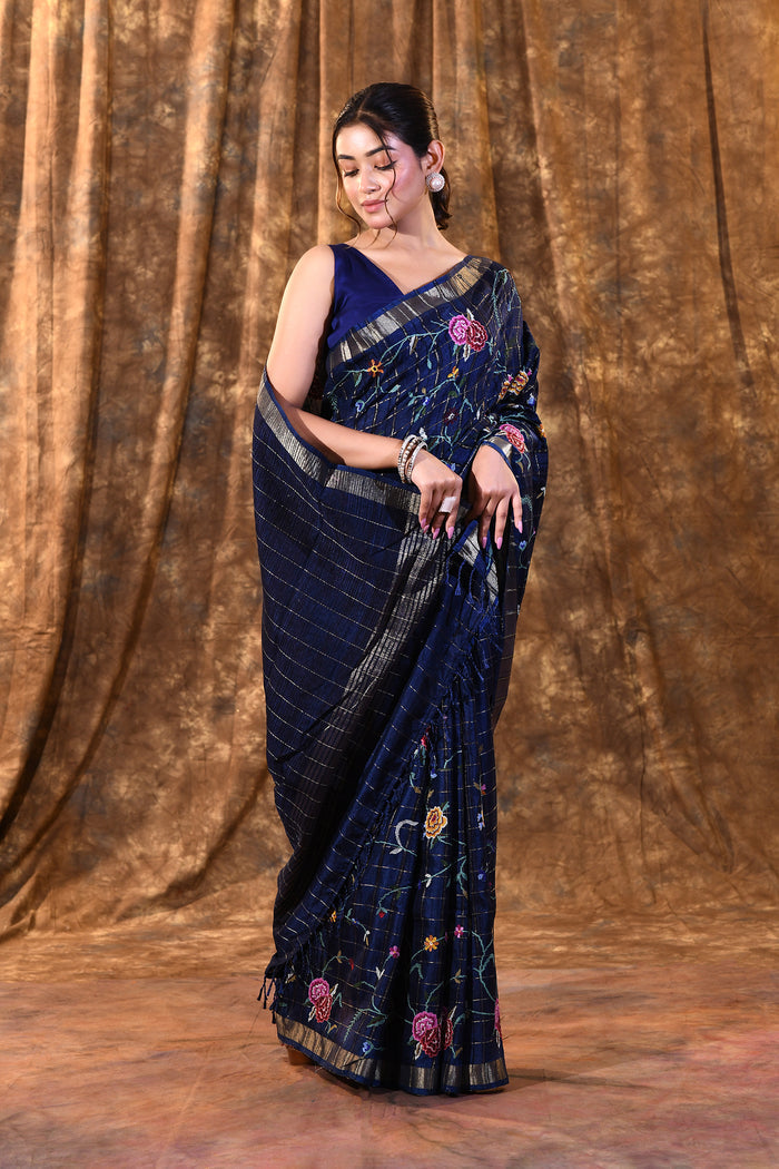 Midnight Blue Floral Silk Blend Saree