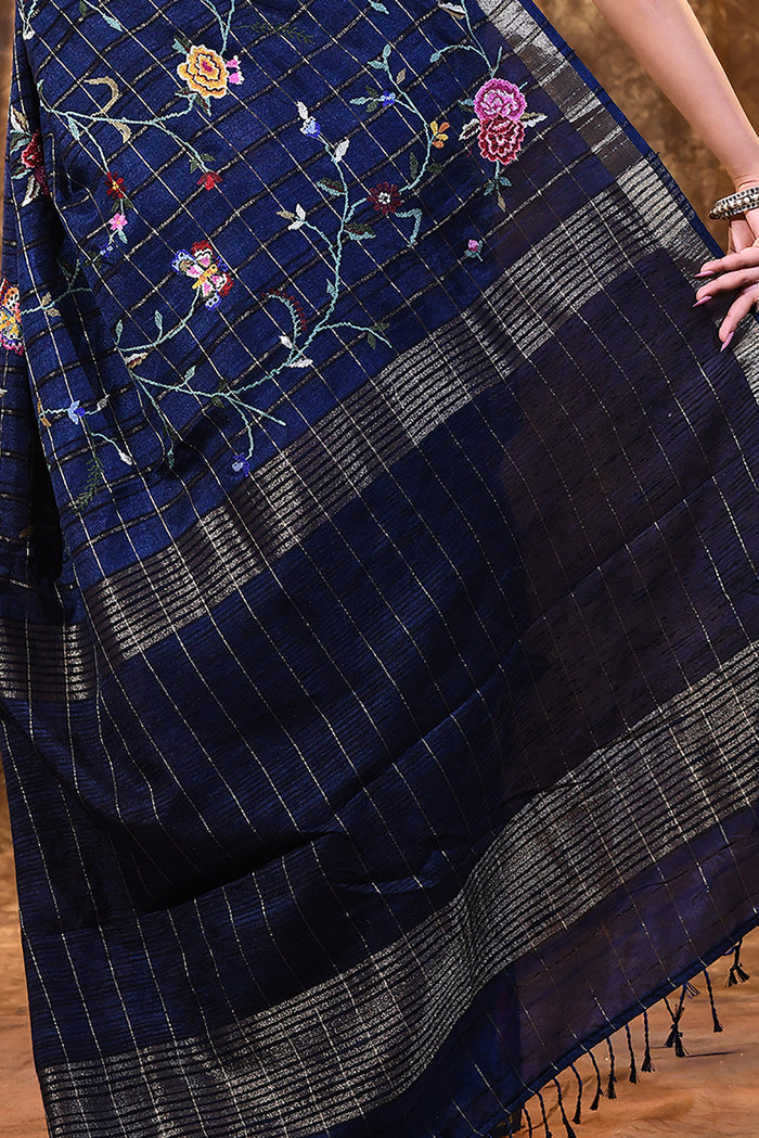 Midnight Blue Floral Silk Blend Saree