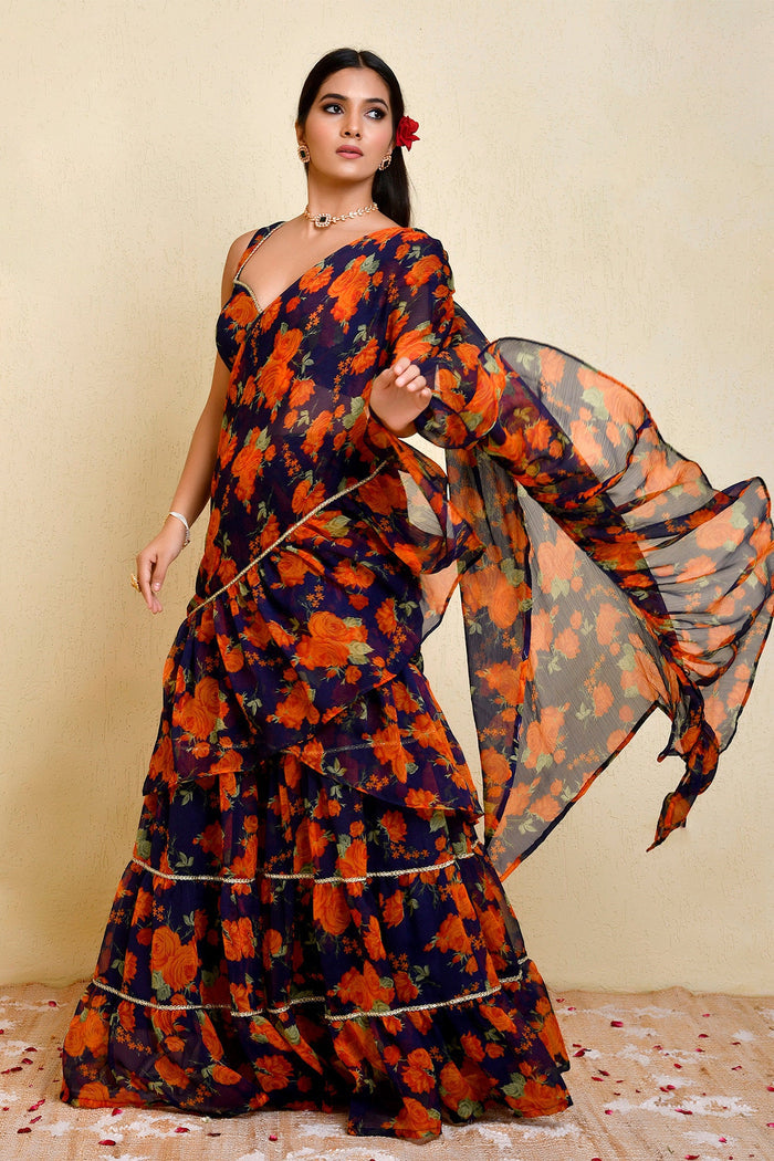 Midnight Blue Ready-Made Saree With Ruffles