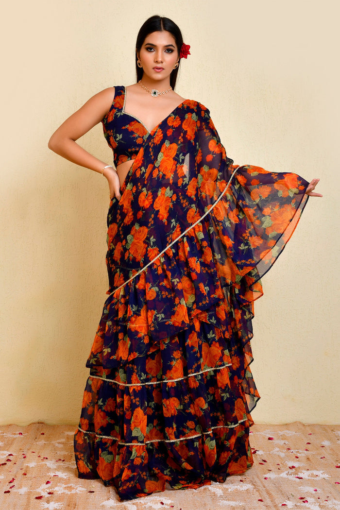 Midnight Blue Ready-Made Saree With Ruffles
