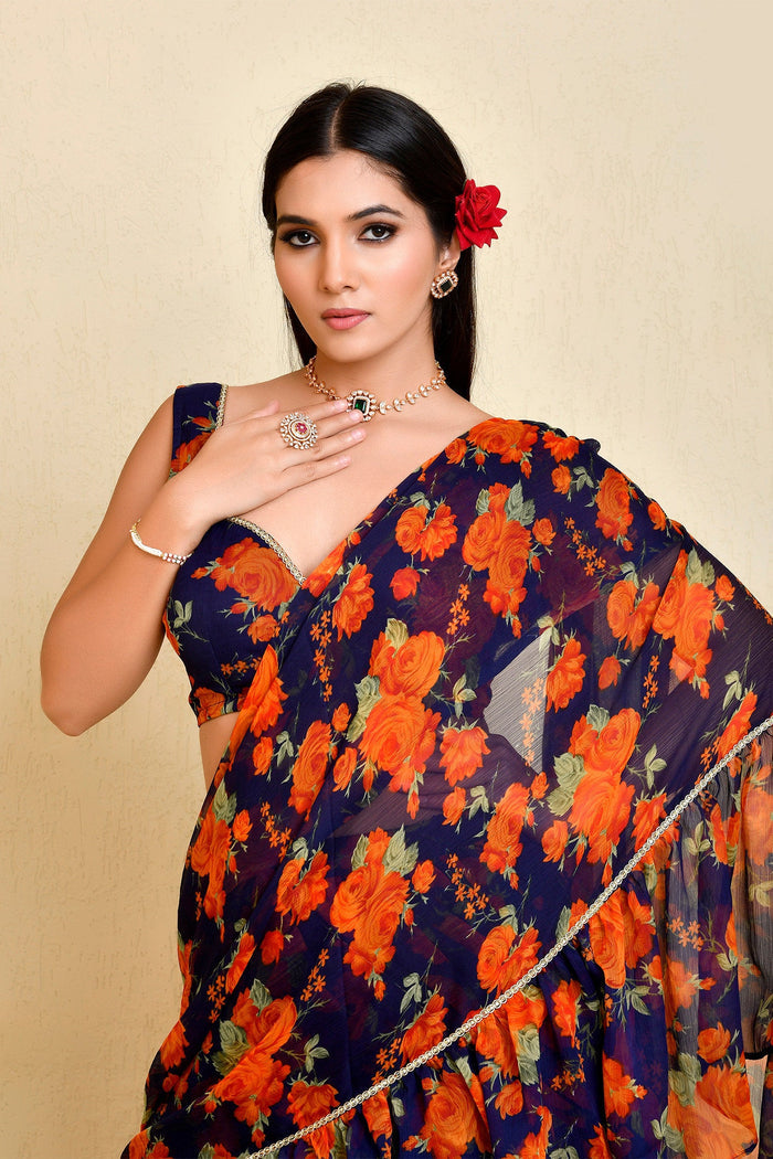 Midnight Blue Ready-Made Saree With Ruffles
