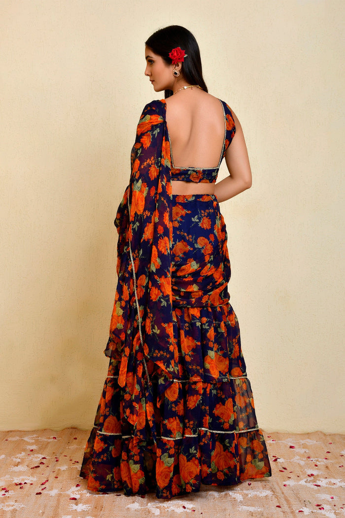 Midnight Blue Ready-Made Saree With Ruffles